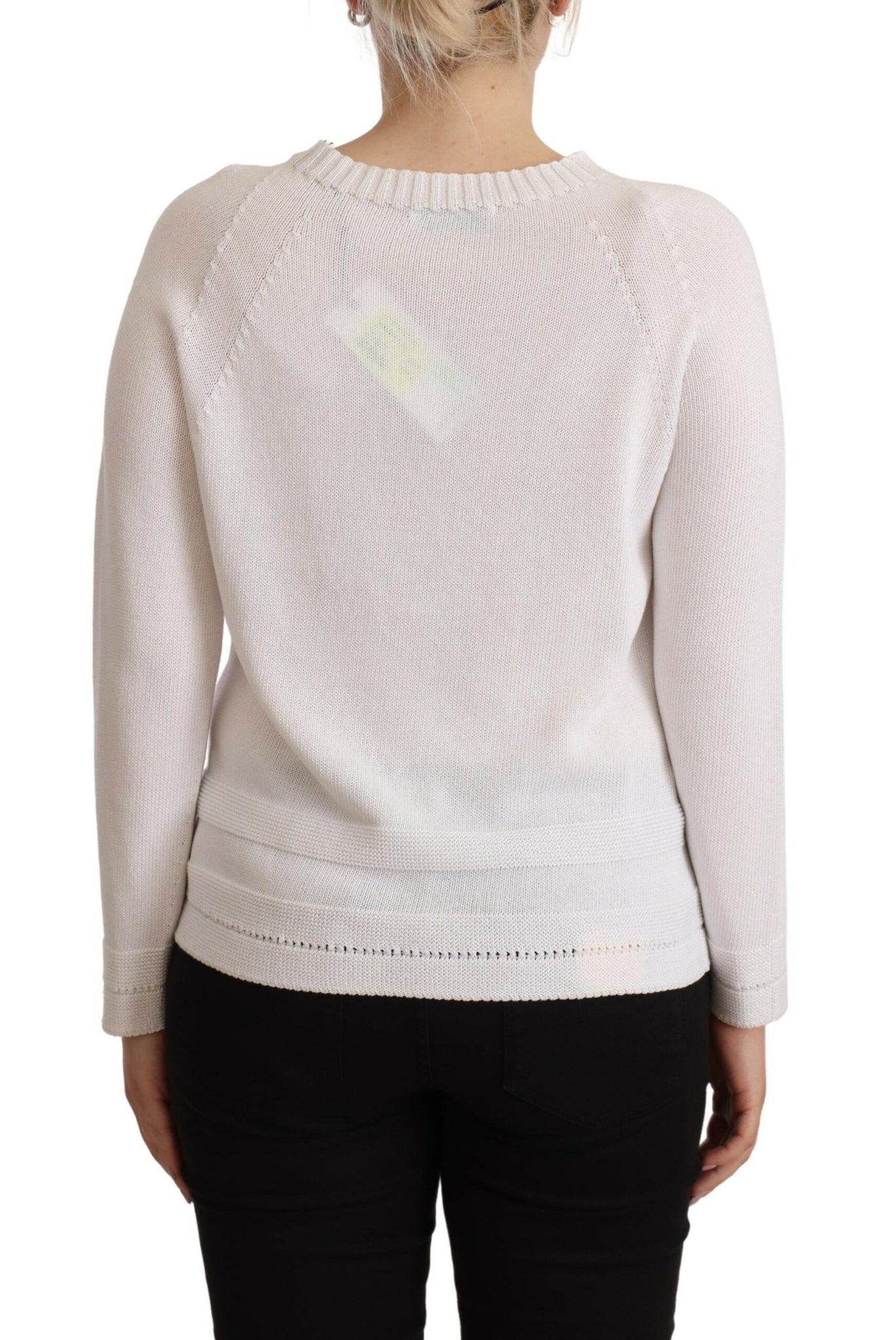 Alpha Studio White Long Sleeves Crewneck Pullover Sweater