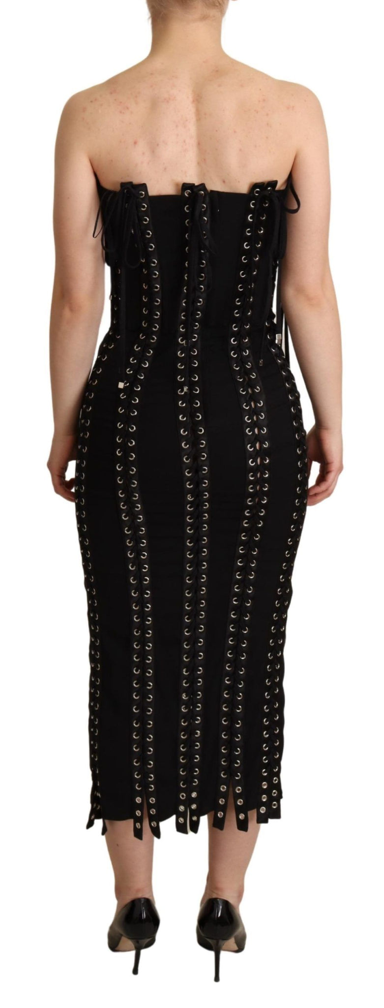 Dolce & Gabbana Black Cady Sleeveless Lace Up Bodycon Dress