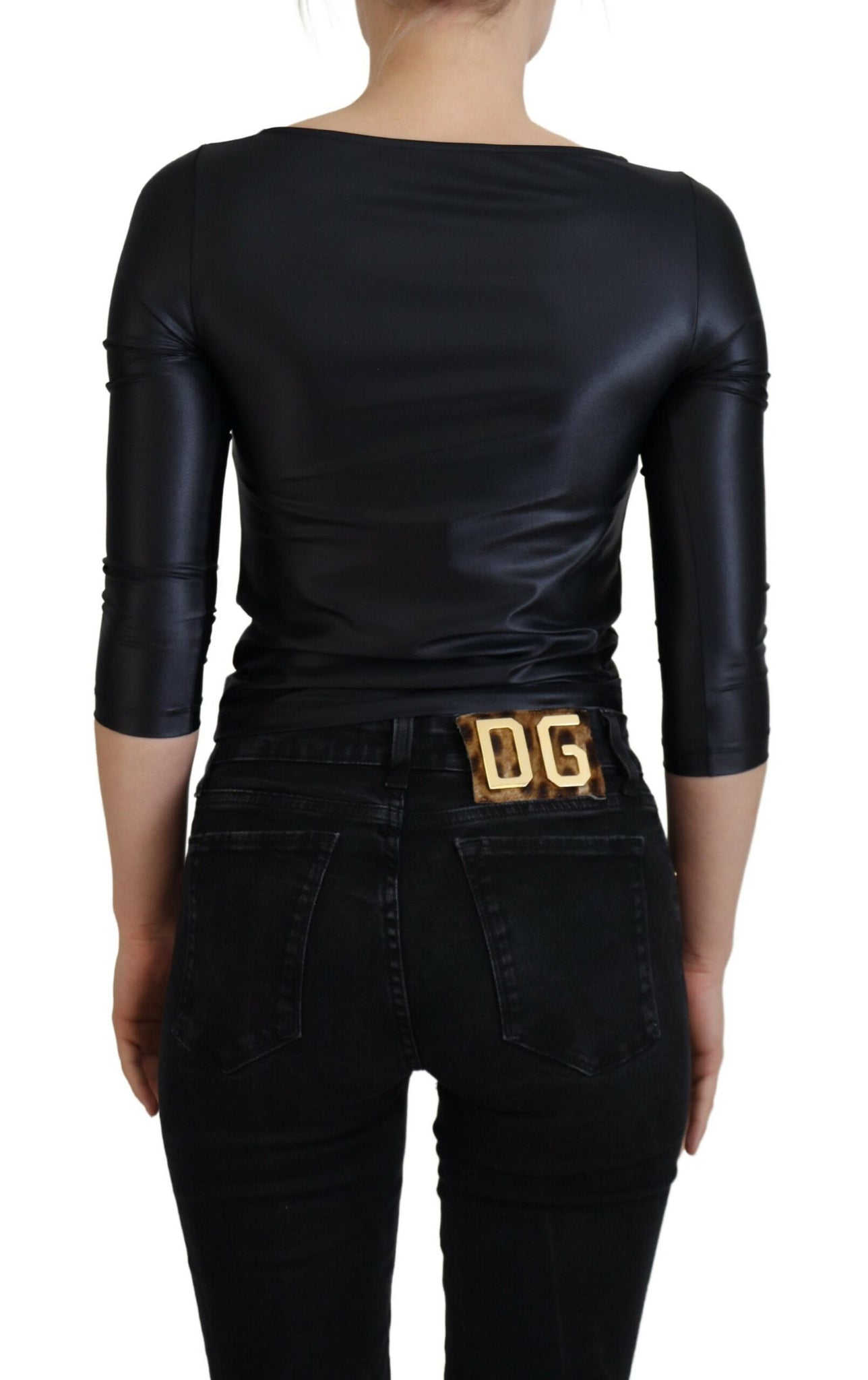 Dolce & Gabbana Black Cotton Stretch Open Chest 3/4 Sleeve Top