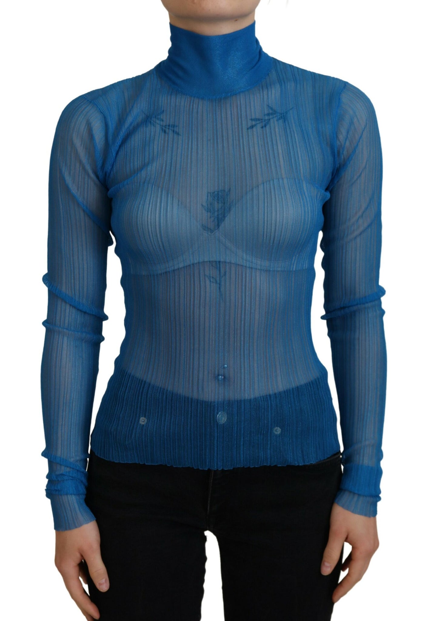 Dolce & Gabbana Blue Mesh Turtleneck Long Sleeve Blouse Top