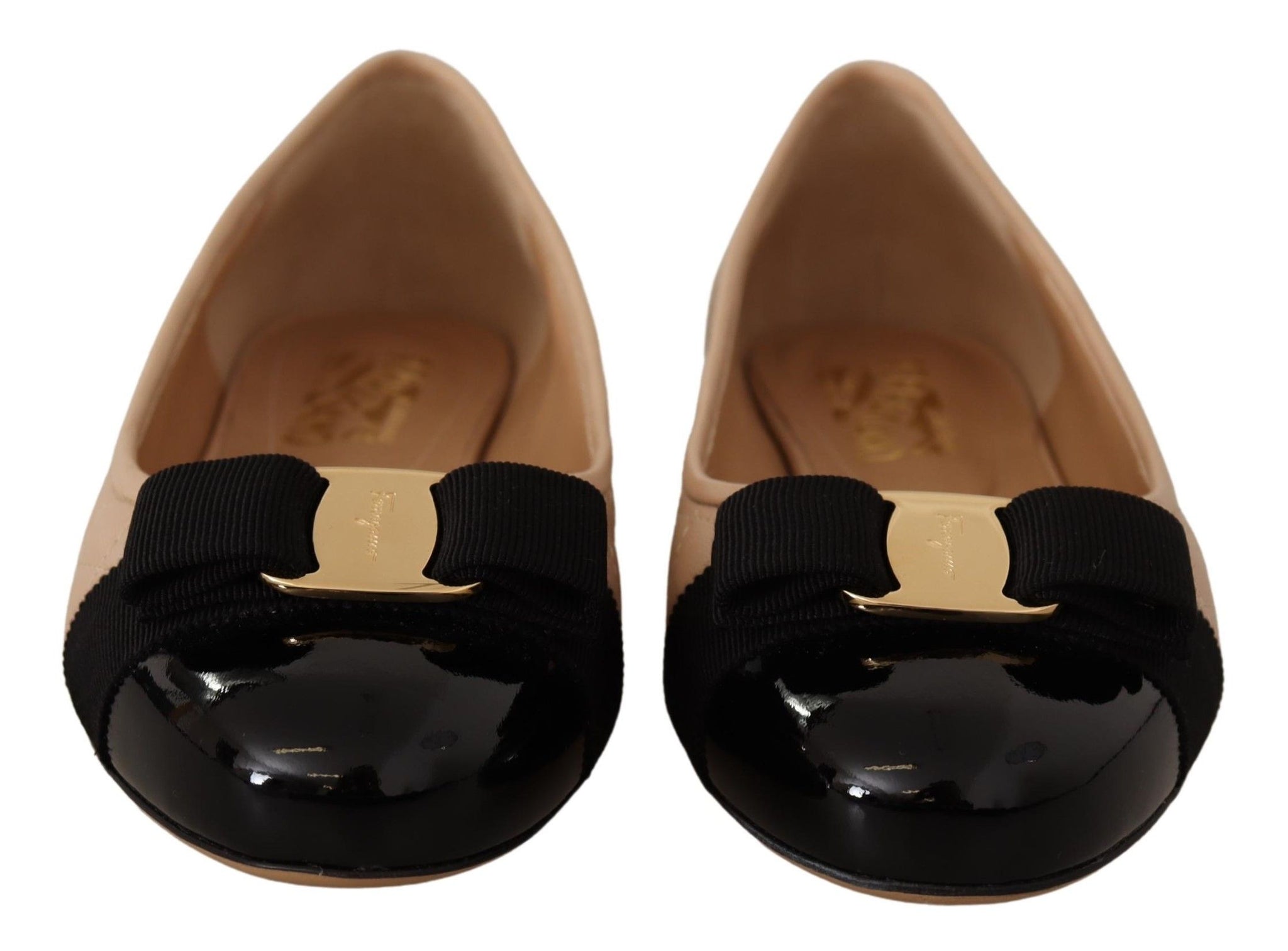 Beige and Black Nappa Leather Ballet Flat Shoes