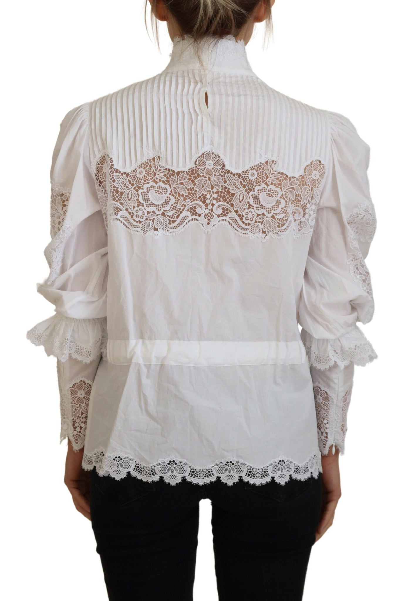 Dolce & Gabbana White Cotton Lace Trim Turtle Neck Blouse Top