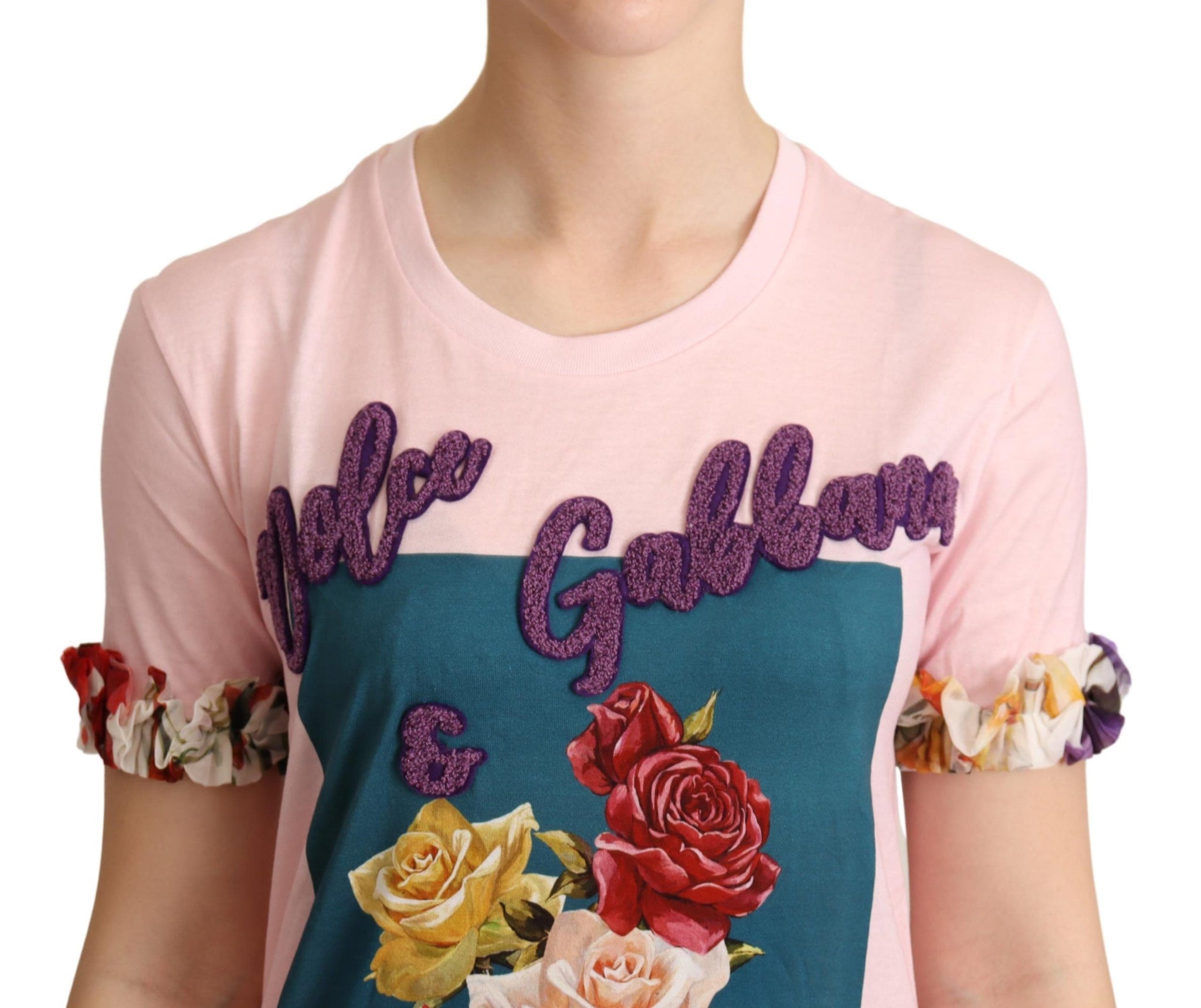 Pink Cotton Floral Roses Crewneck T-shirt