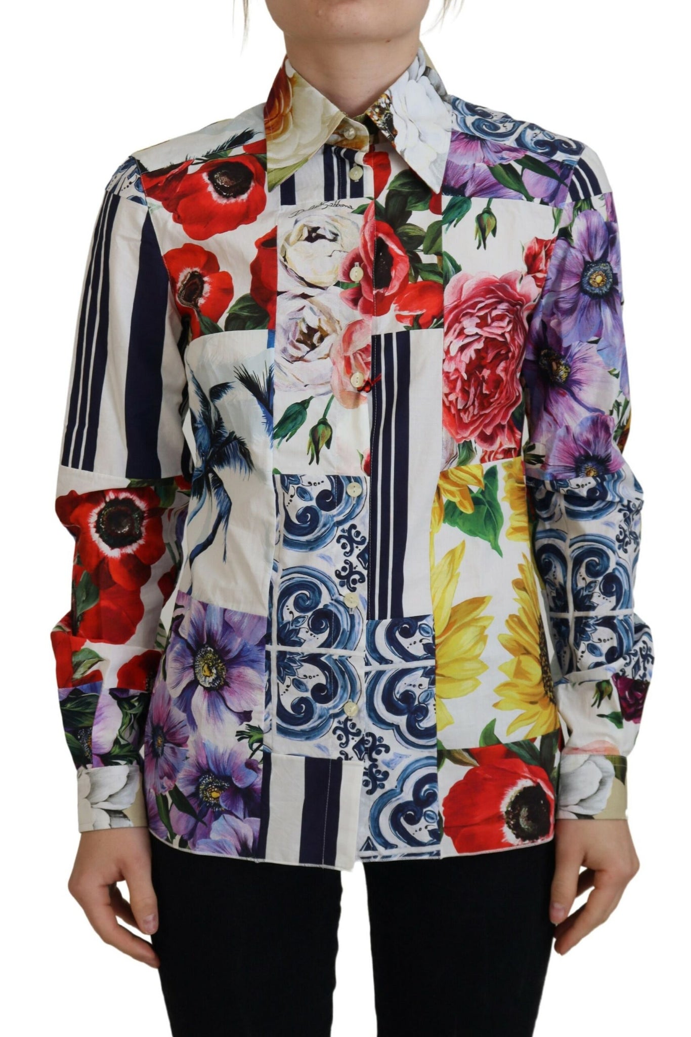 Dolce & Gabbana Multicolor Floral Cotton Collared Blouse Top