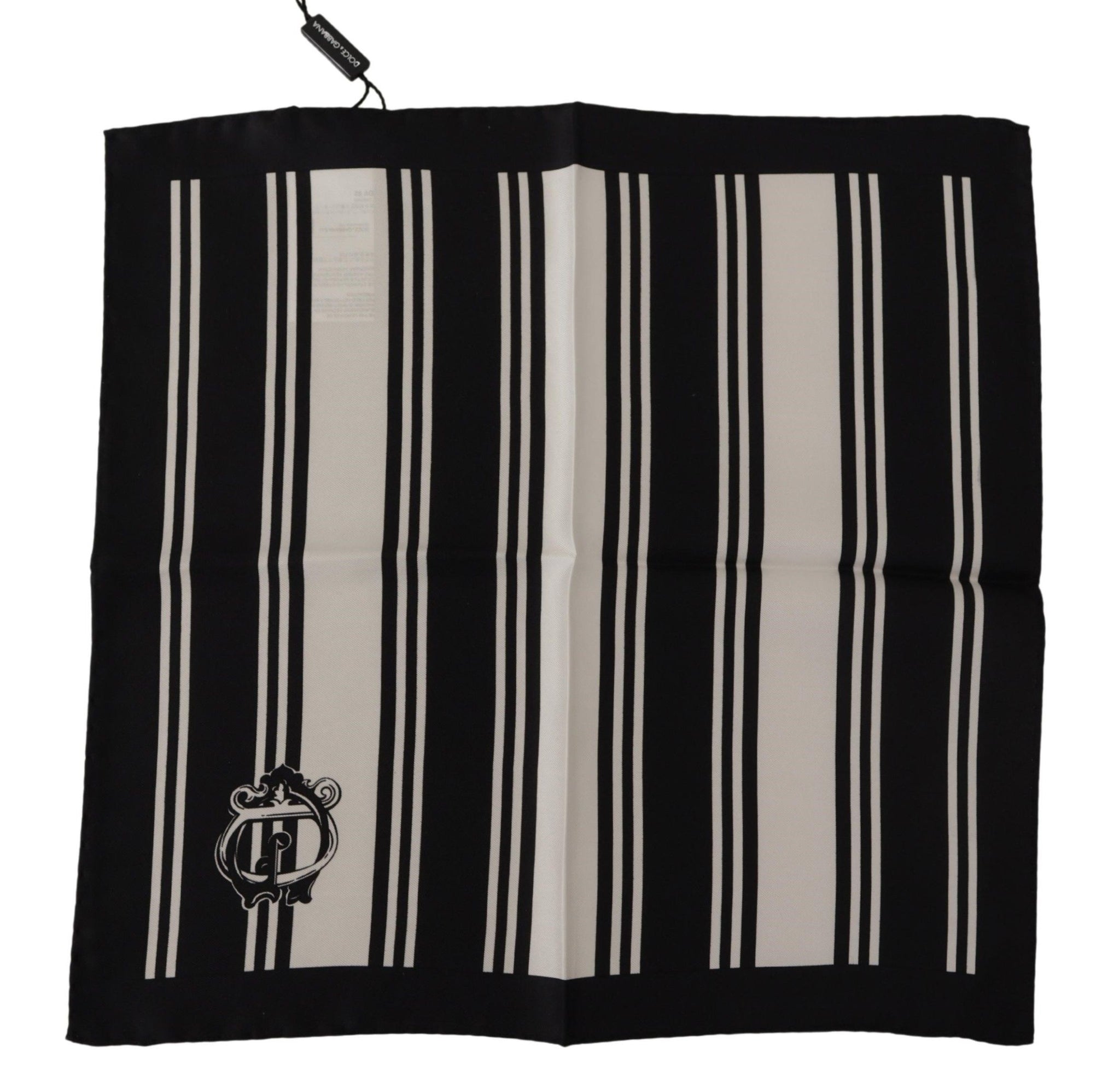 Black Silk Striped DG Logo Print Square Handkerchief Scarf