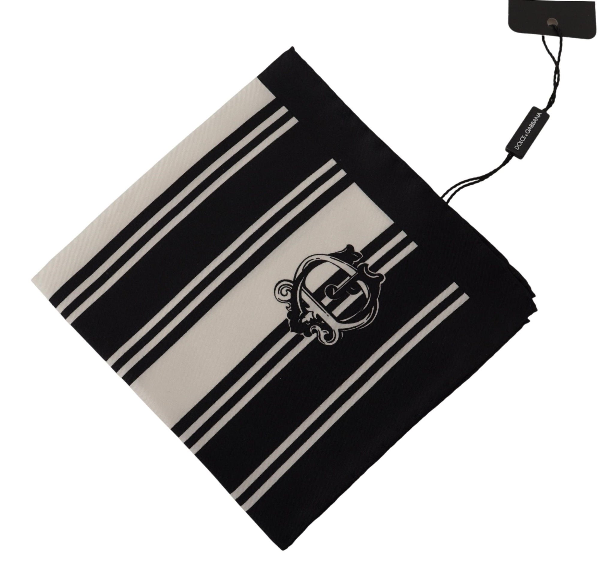 Black Silk Striped DG Logo Print Square Handkerchief Scarf