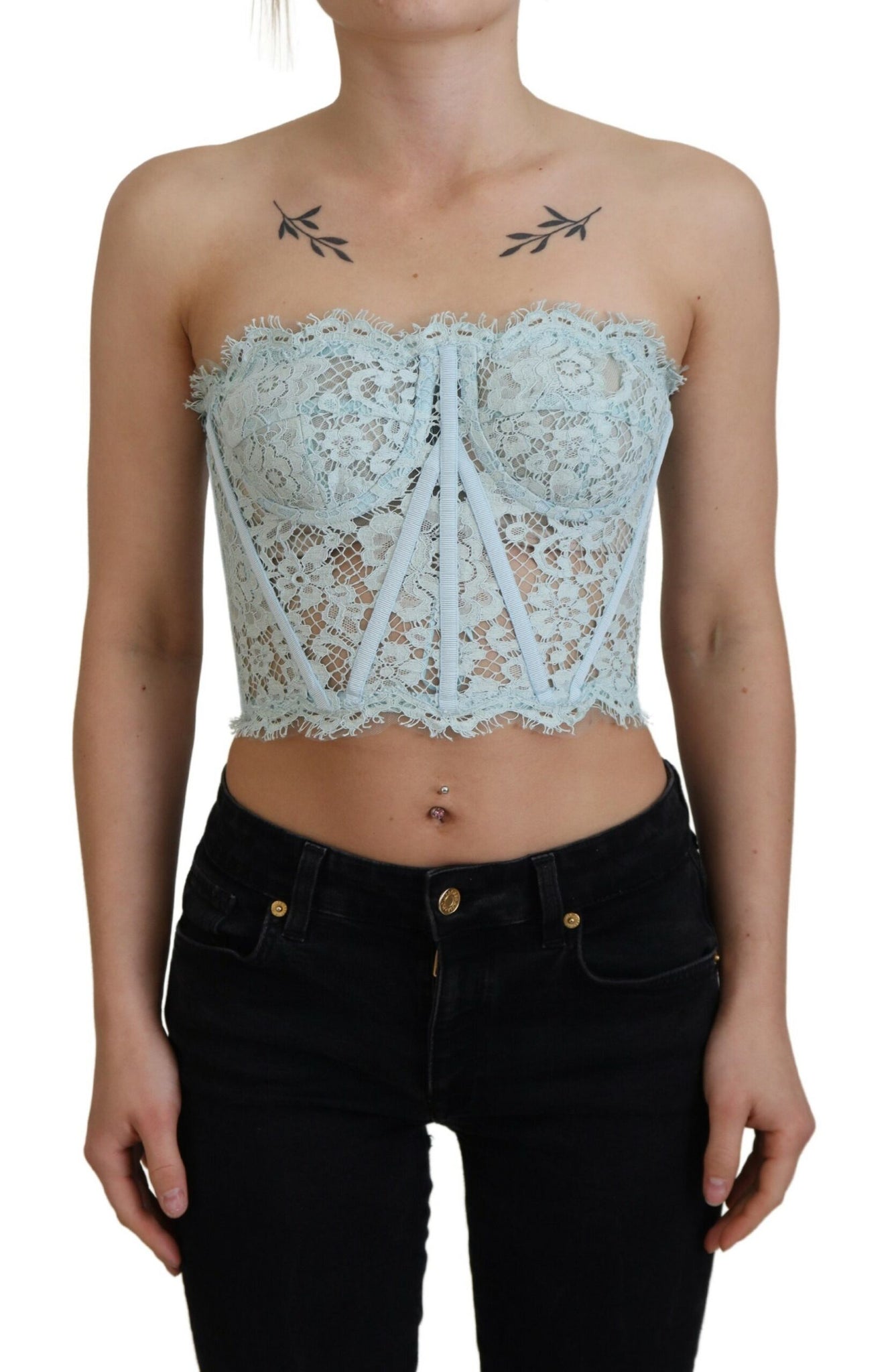 Dolce & Gabbana Blue Strapless Floral Lace Bustier Crop Top