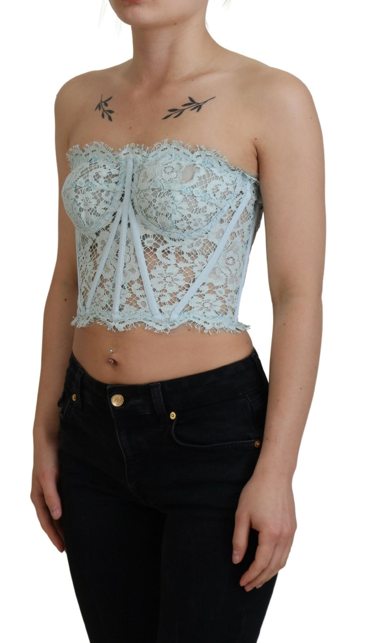 Dolce & Gabbana Blue Strapless Floral Lace Bustier Crop Top