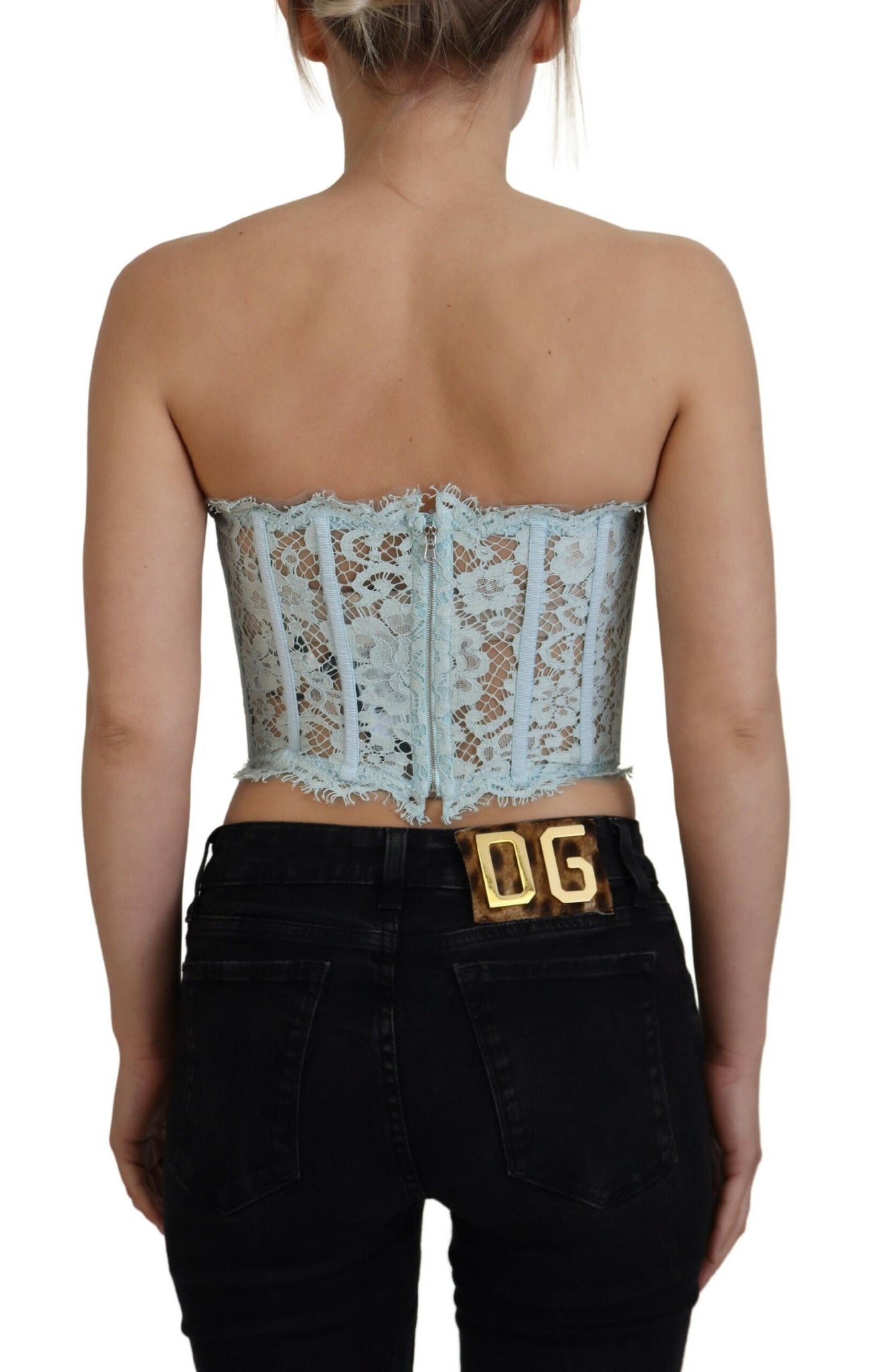 Dolce & Gabbana Blue Strapless Floral Lace Bustier Crop Top