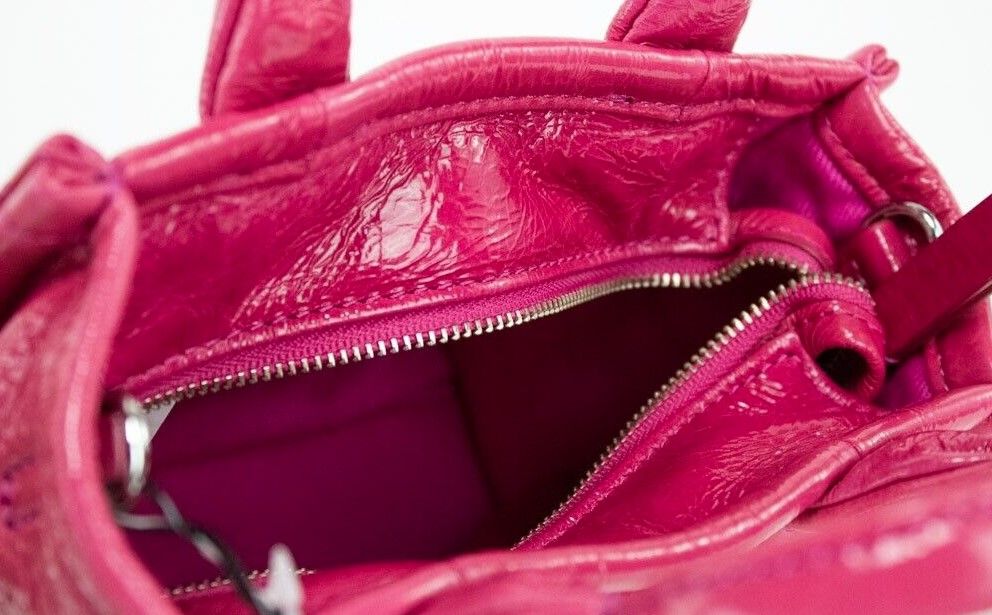 The Shiny Crinkle Micro Tote Magenta Leather Crossbody Bag Handbag