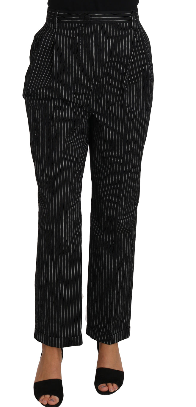 Black Pin Striped Dress Pants Cropped Straight Pant