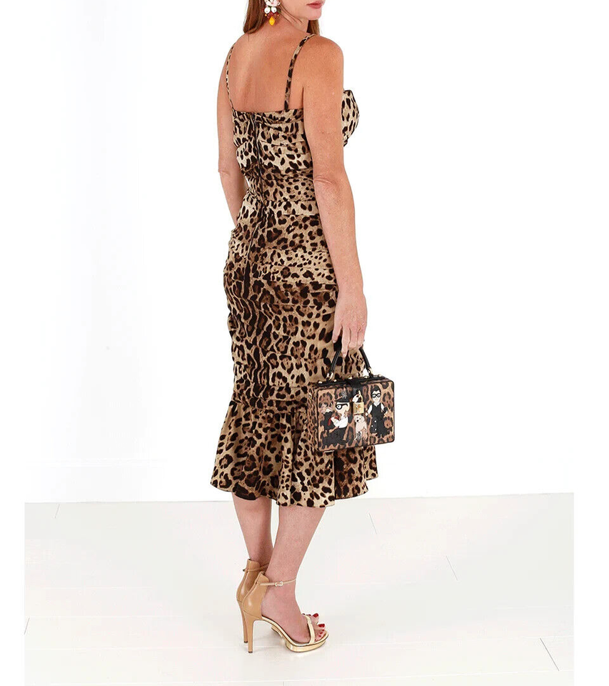 Dolce & Gabbana Brown Leopard Print Ruched Midi Dress