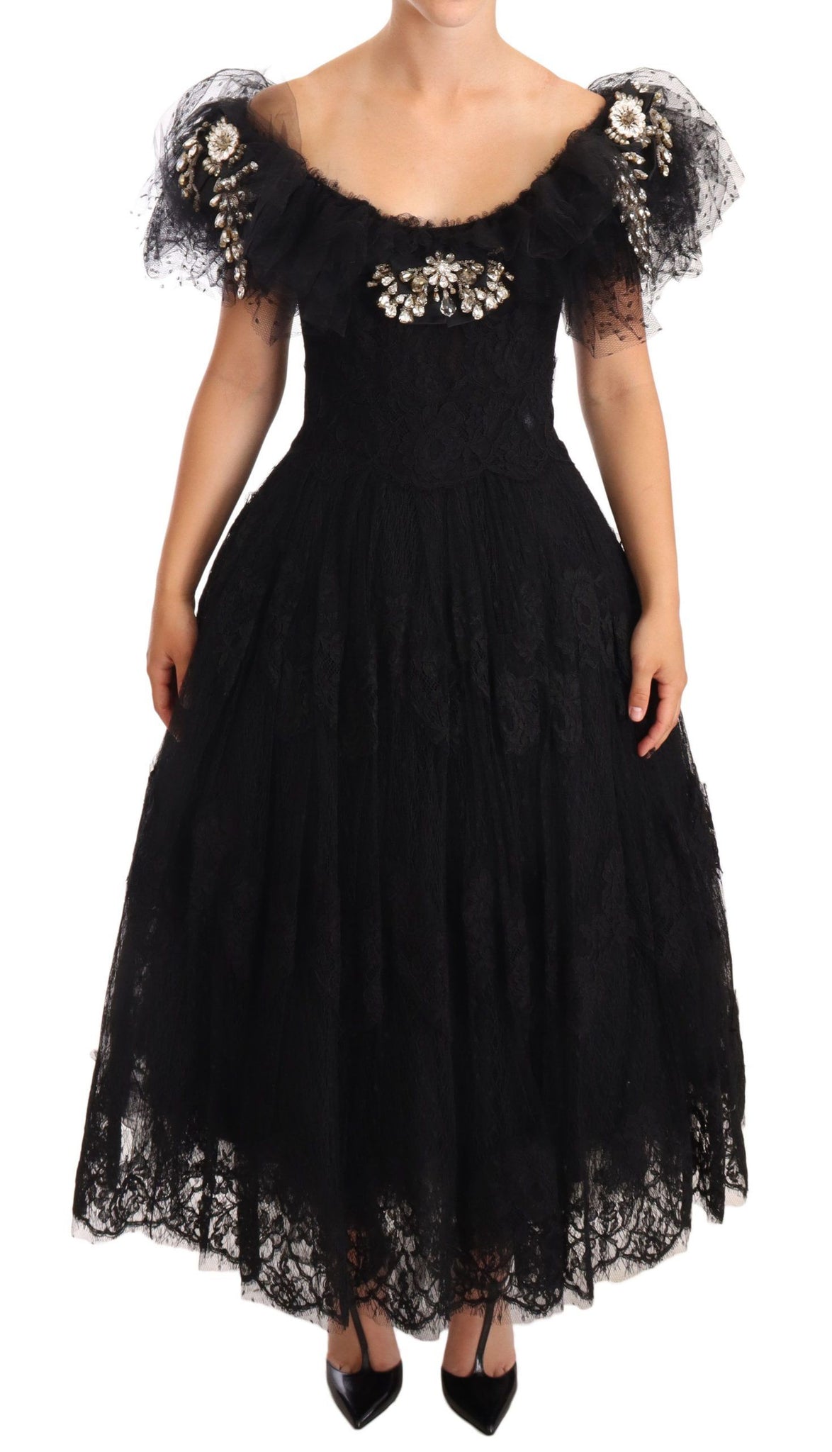 Black Floral Lace Crystal Ball Gown Dress