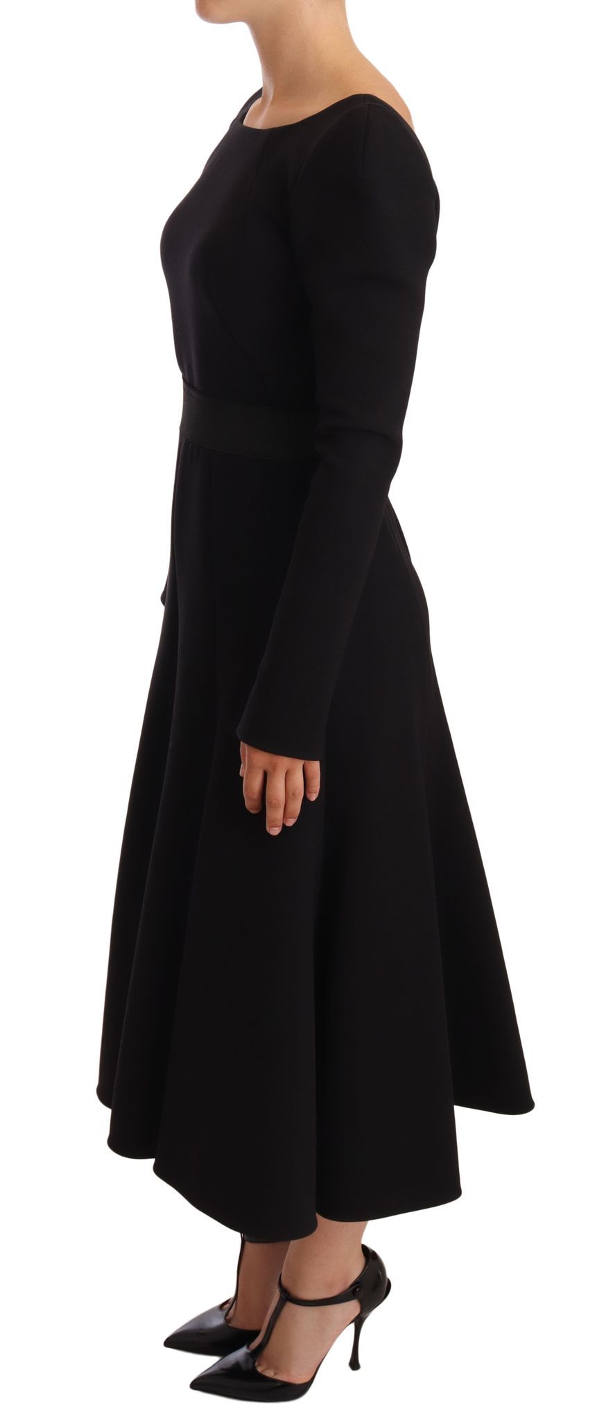 Black Wool Stretch Sheath Open Back Dress