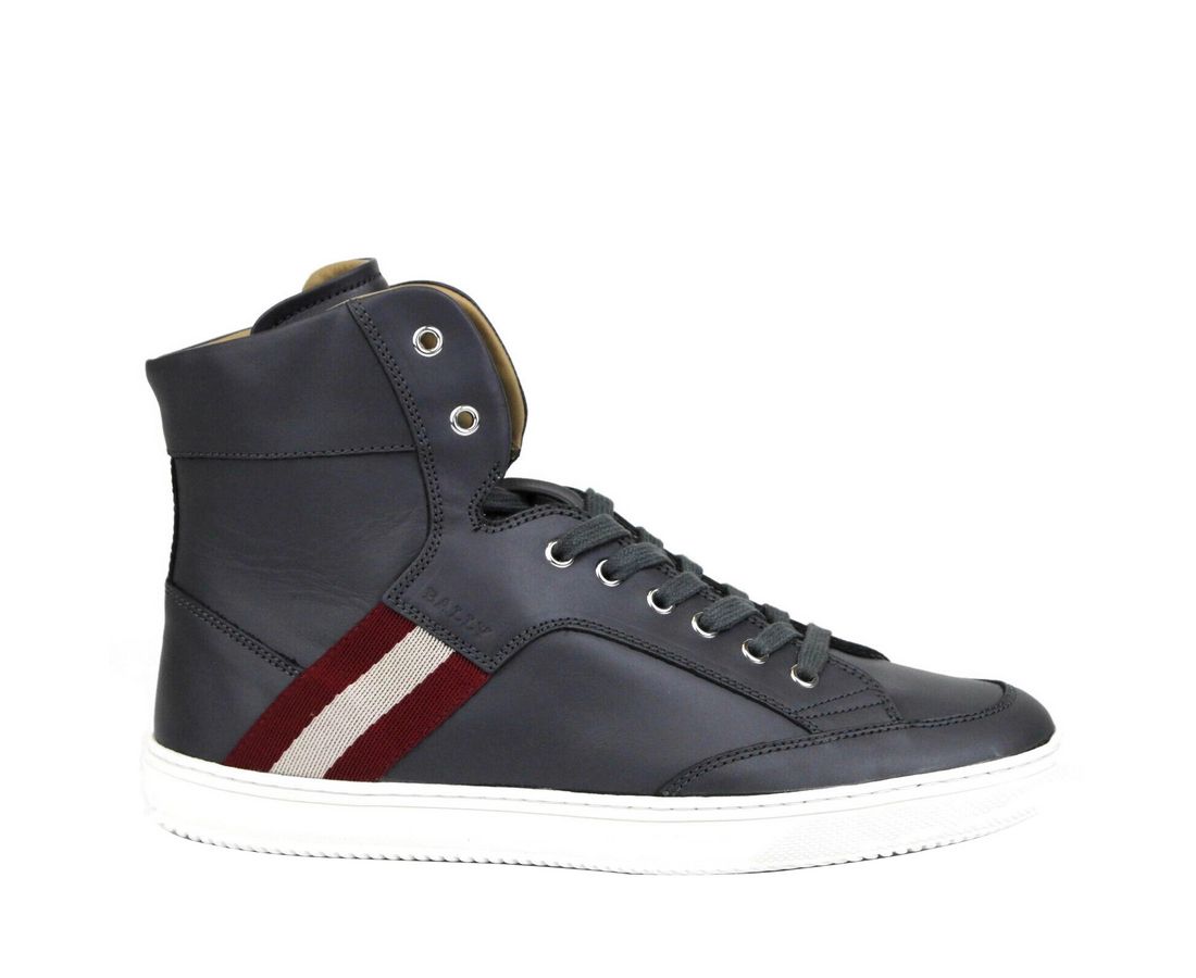 Dark Grey Calf Leather Hi Top Sneaker With Red Beige