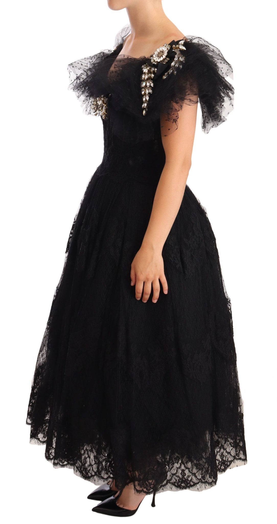 Black Floral Lace Crystal Ball Gown Dress