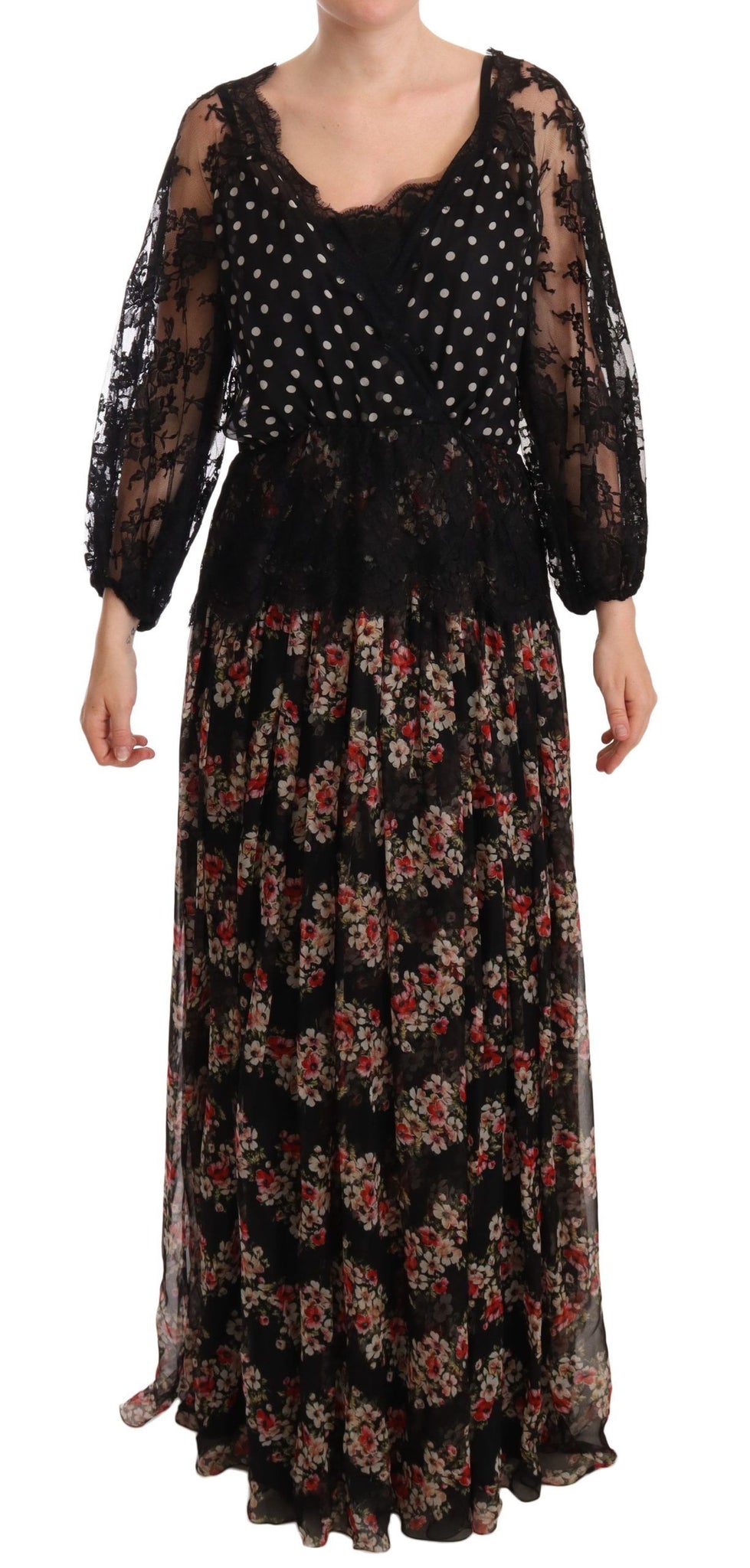 Black Lace Floral Polka Maxi Capri Dress