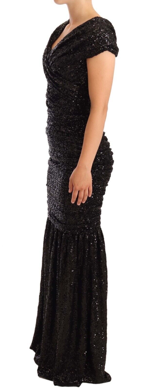 Black Sequined Open Shoulder Long Gown Dress