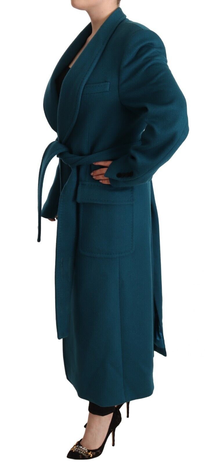 Blue Green Wool Long Sleeves Trench Coat Jacket