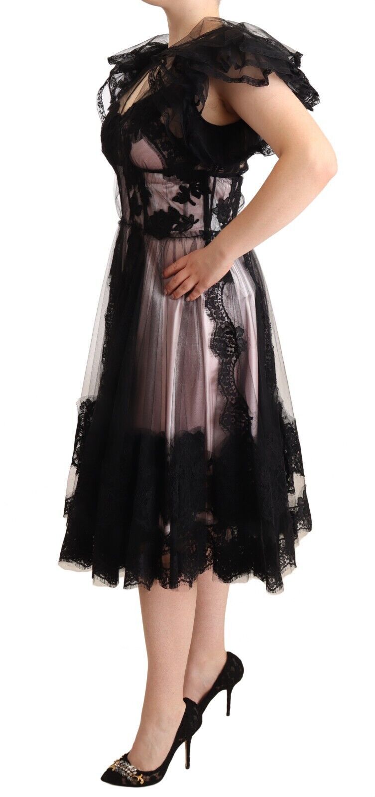 Black Pink Floral Lace A-line Midi Sheer Dress