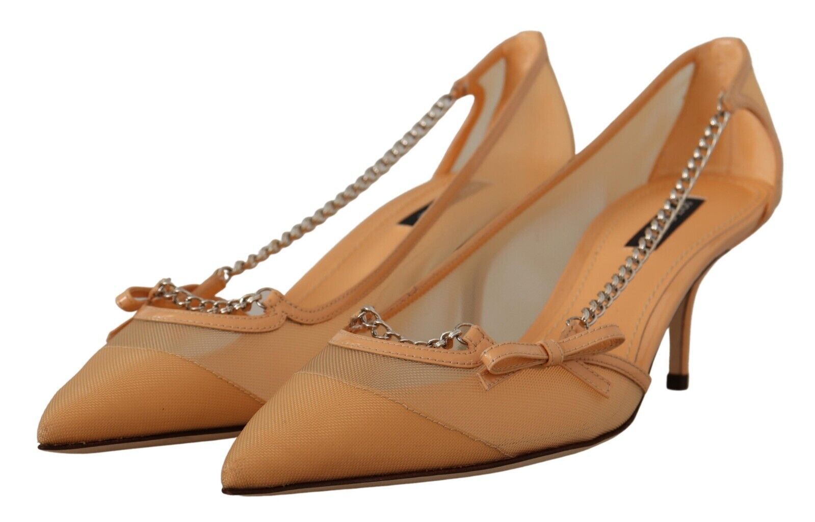 Peach Mesh Leather Chains Heels Pumps Shoes