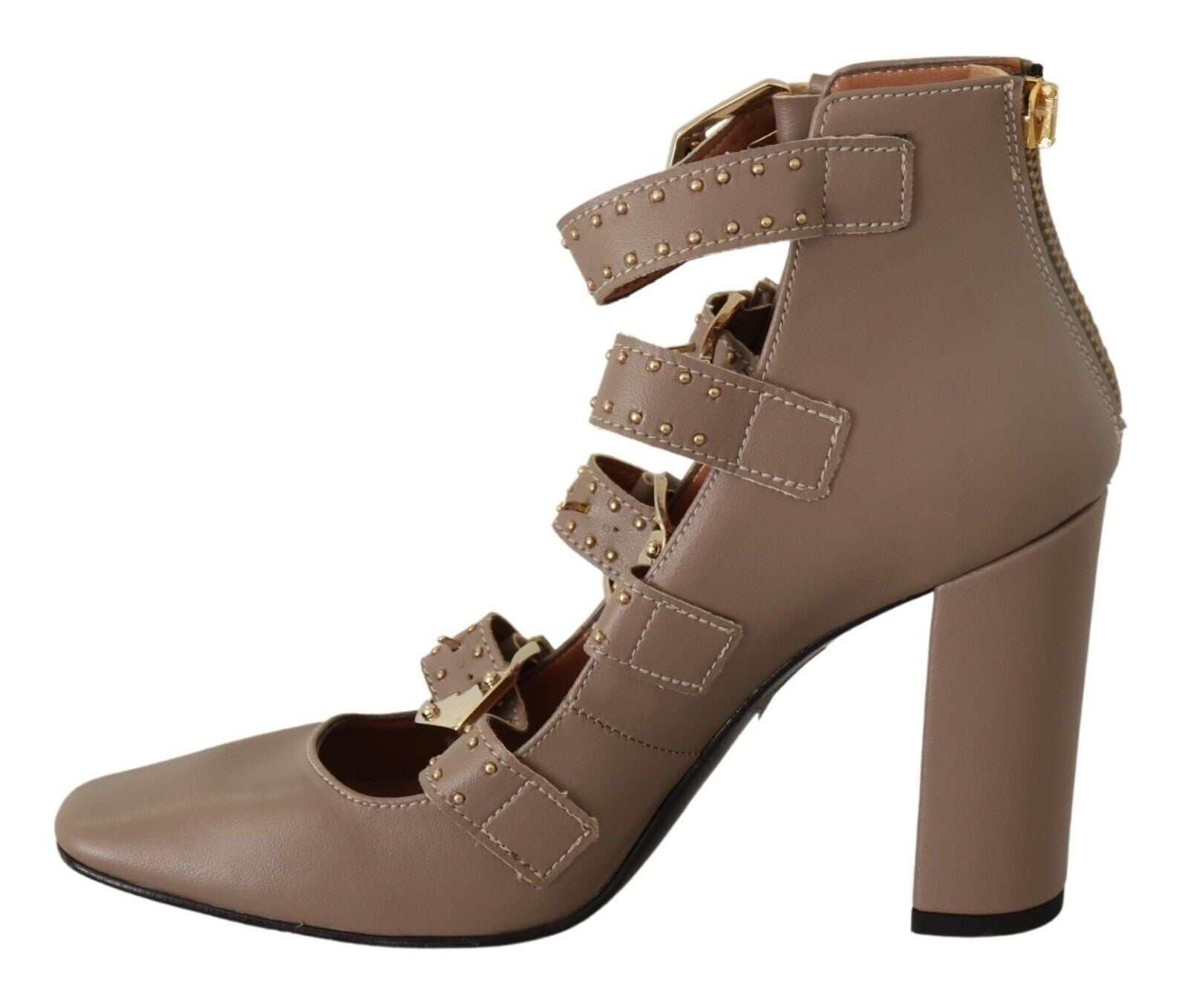 Brown Leather Block Heels Multi Buckle Pumps Shoes