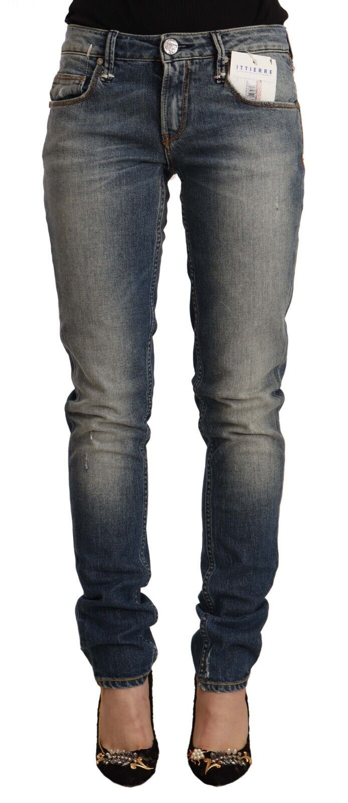 Blue Washed Cotton Mid Waist Skinny Denim Jeans