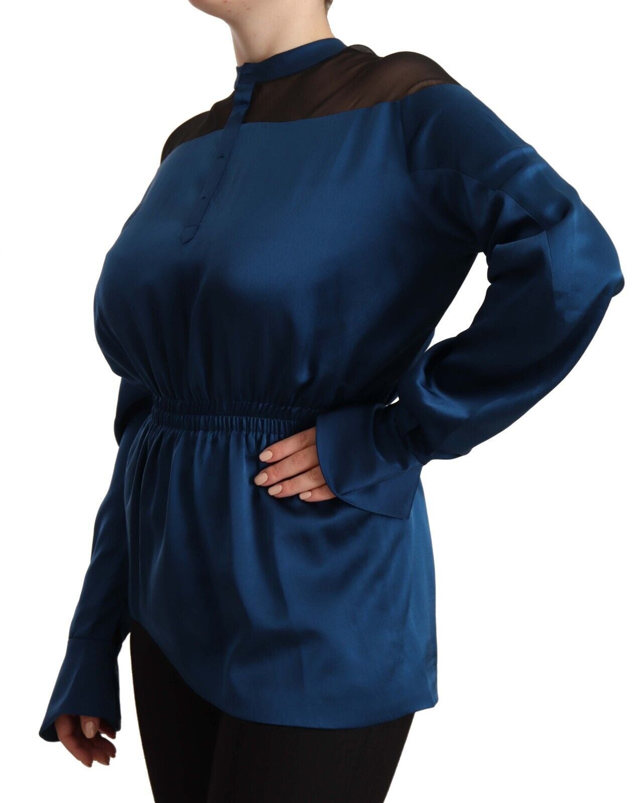 Blue Silk Long Sleeves Elastic Waist Top Blouse