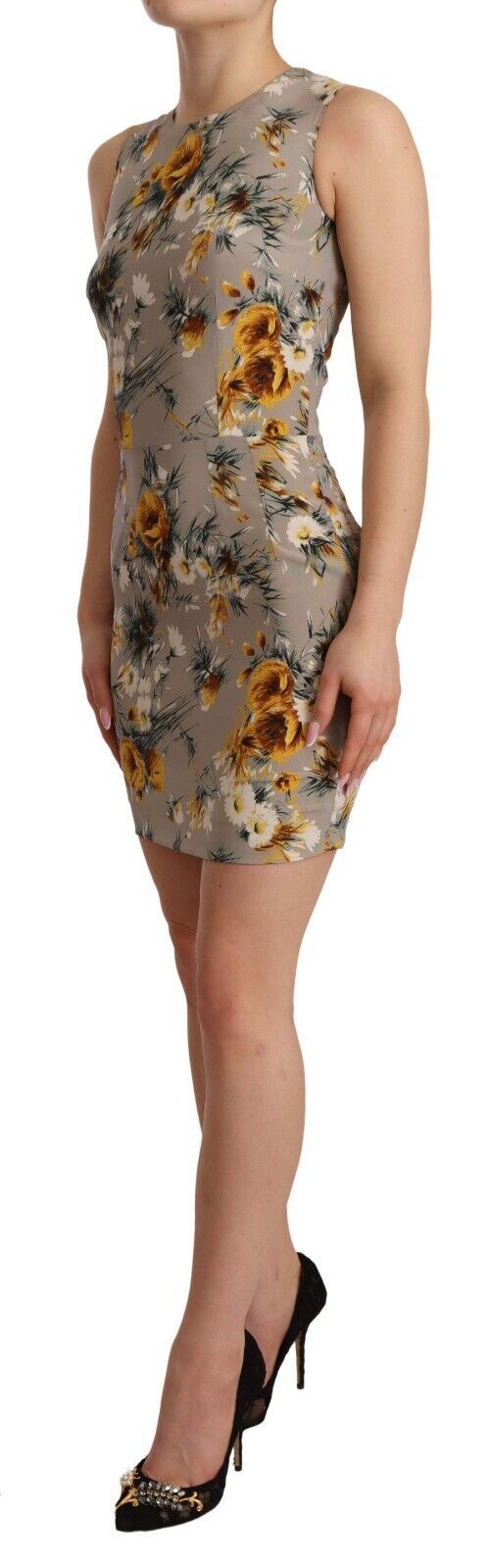 Gray Silk Stretch Floral Sheath Mini Dress