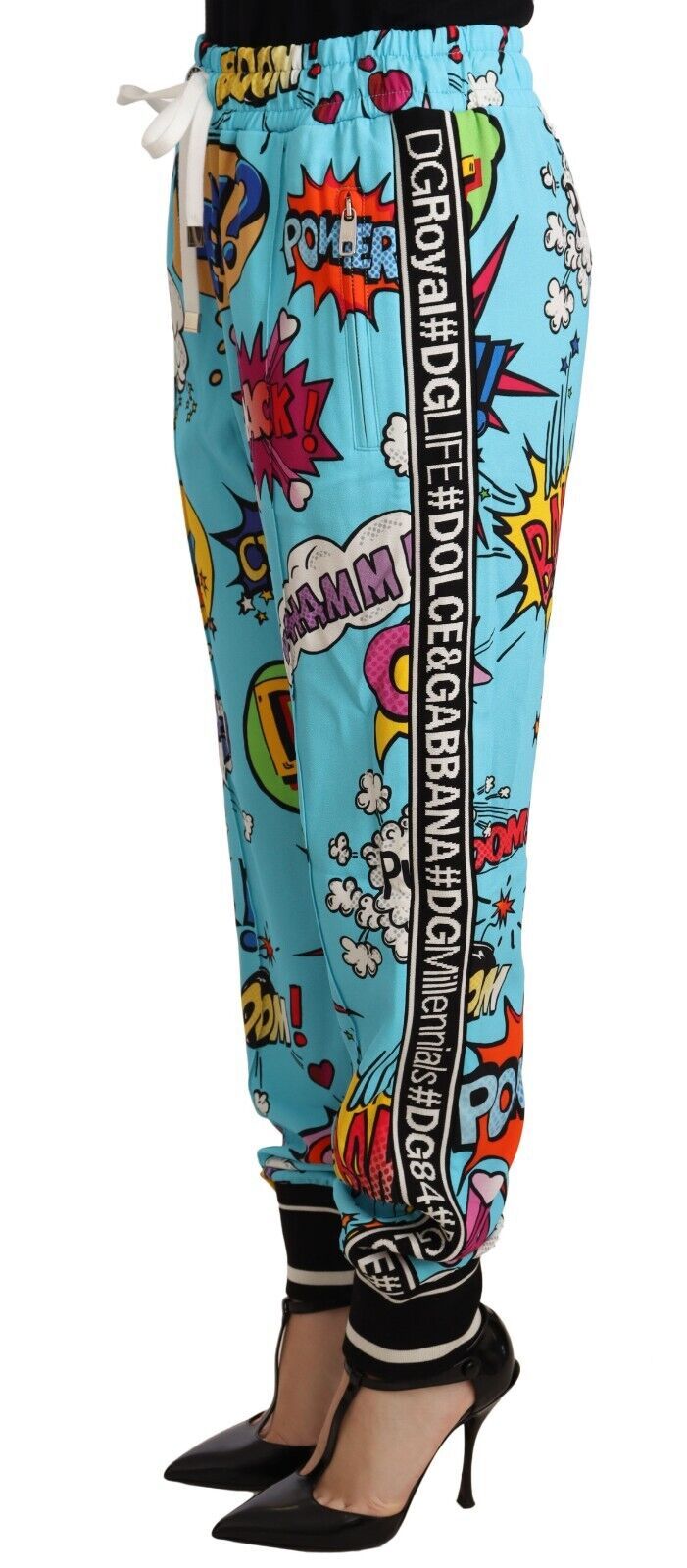 Blue Cartoon Print Jogger Viscose Stretch Pants