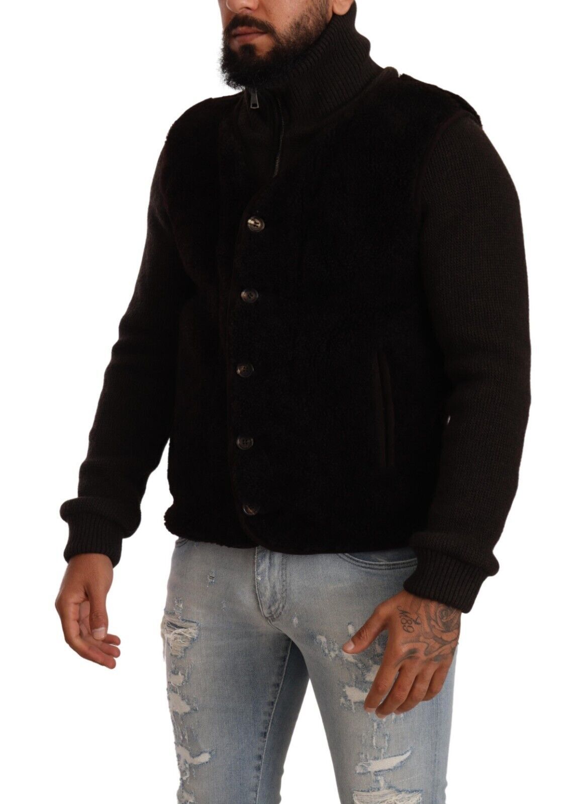 Black Leather Mens Turtle Neck Coat Jacket