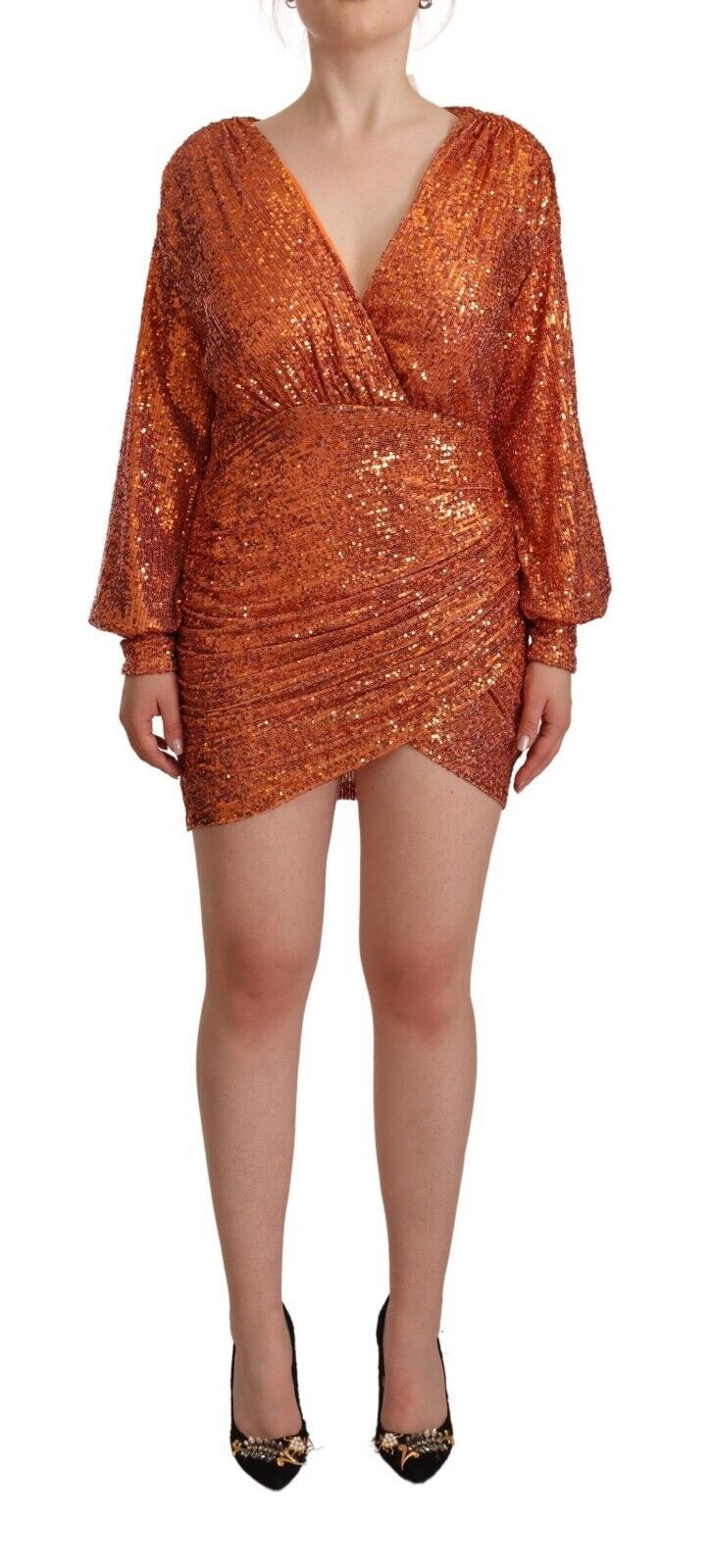 Orange Sequined Long Sleeves Mini Sheath Wrap Dress