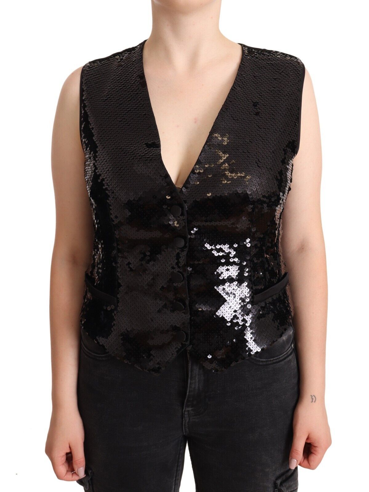 Black Sequin V-Neck Sleeveless Vest Tank Top