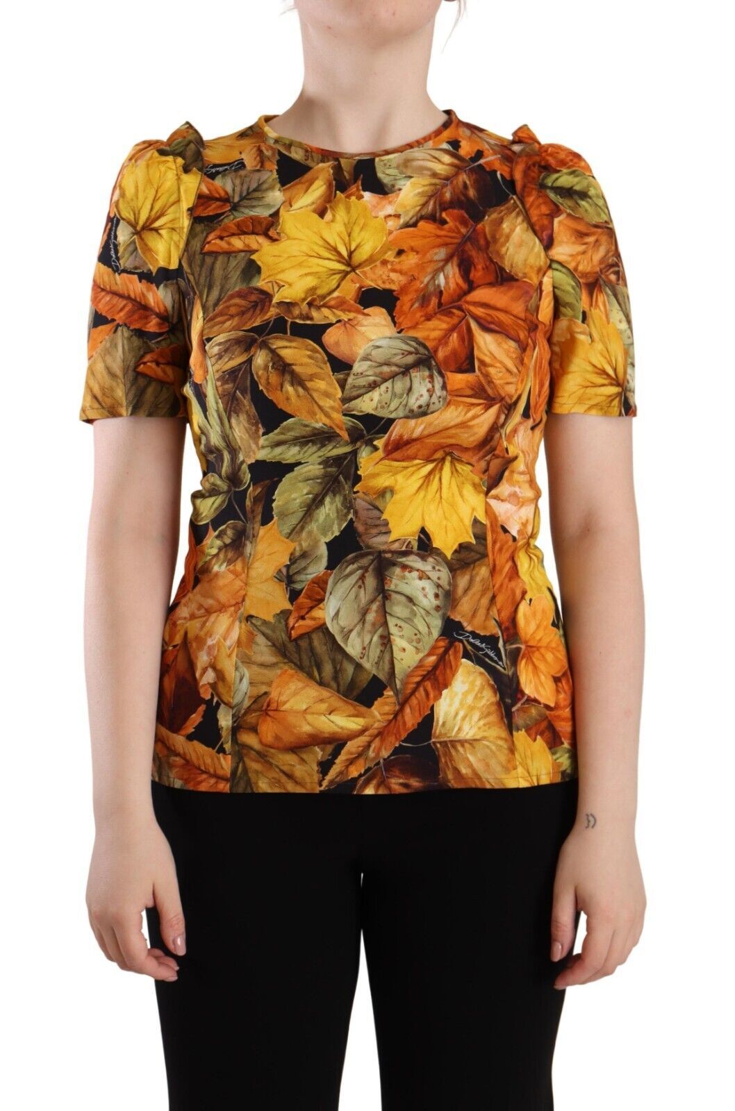 Multicolor Leaves Print Viscose Round Neck Blouse Top