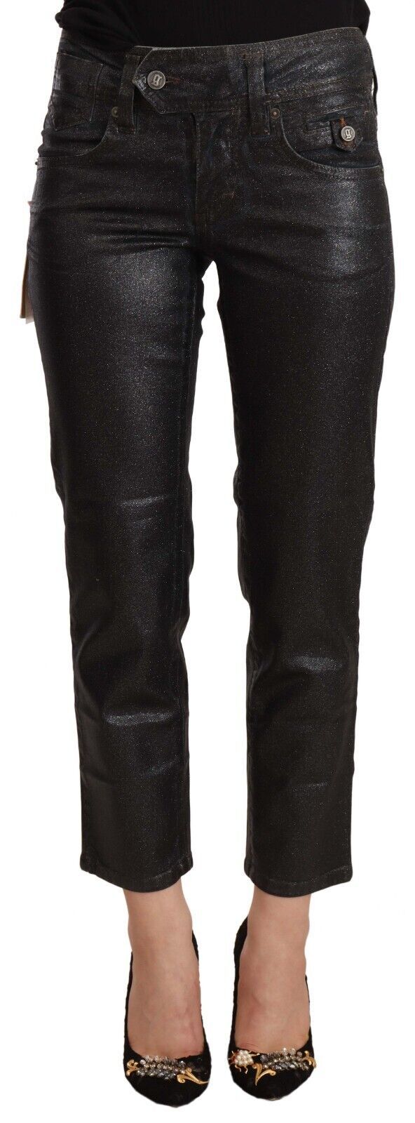 Black Glittered Mid Waist Cotton Cropped Pants