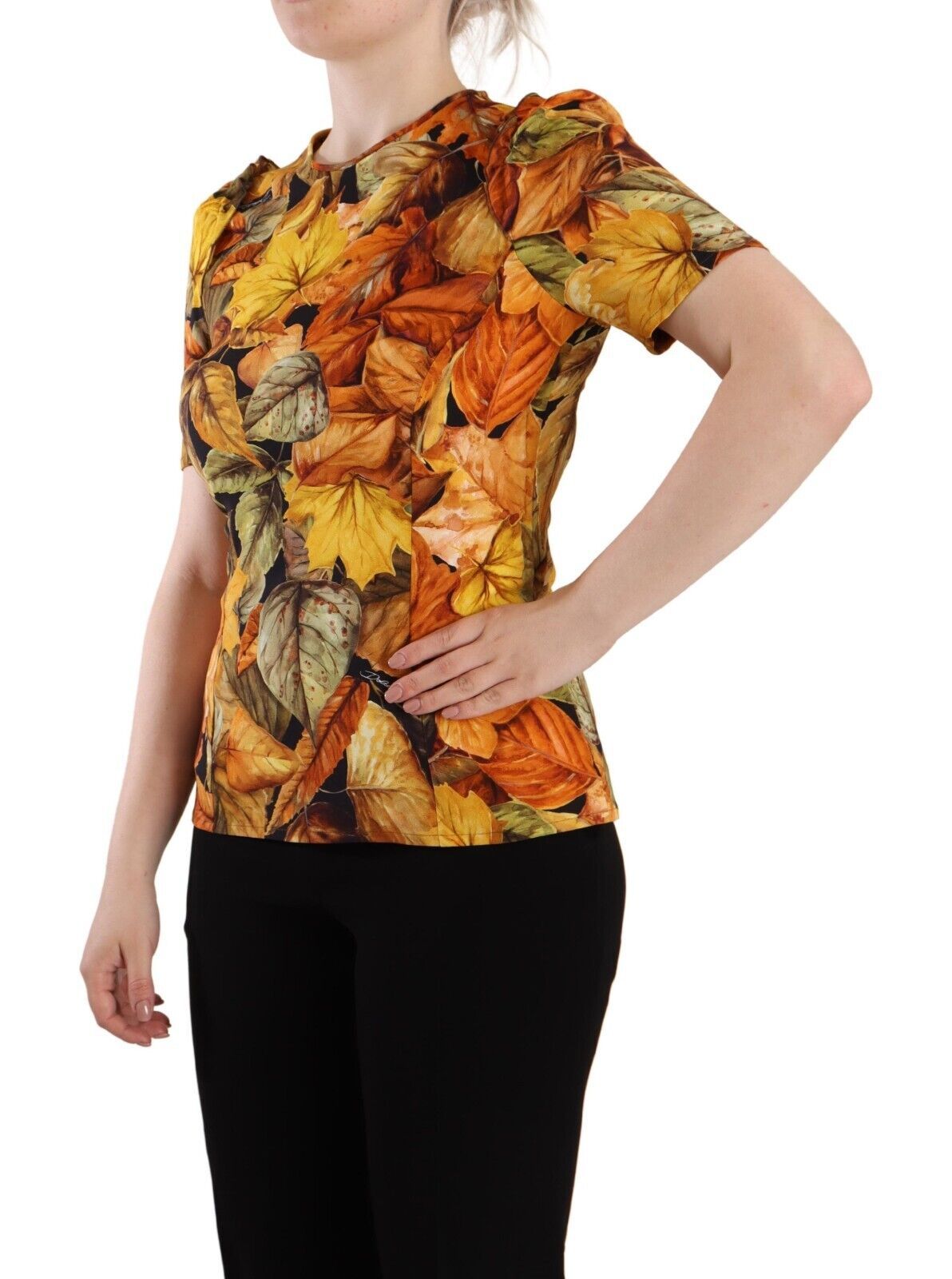 Multicolor Leaves Print Viscose Round Neck Blouse Top