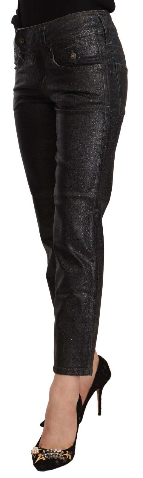 Black Glittered Mid Waist Cotton Cropped Pants