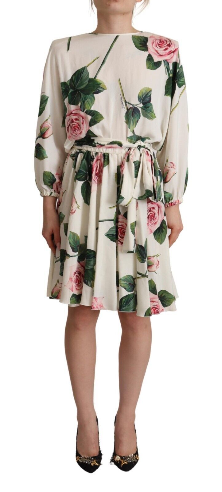 White Rose Print Long Sleeves A-line Dress