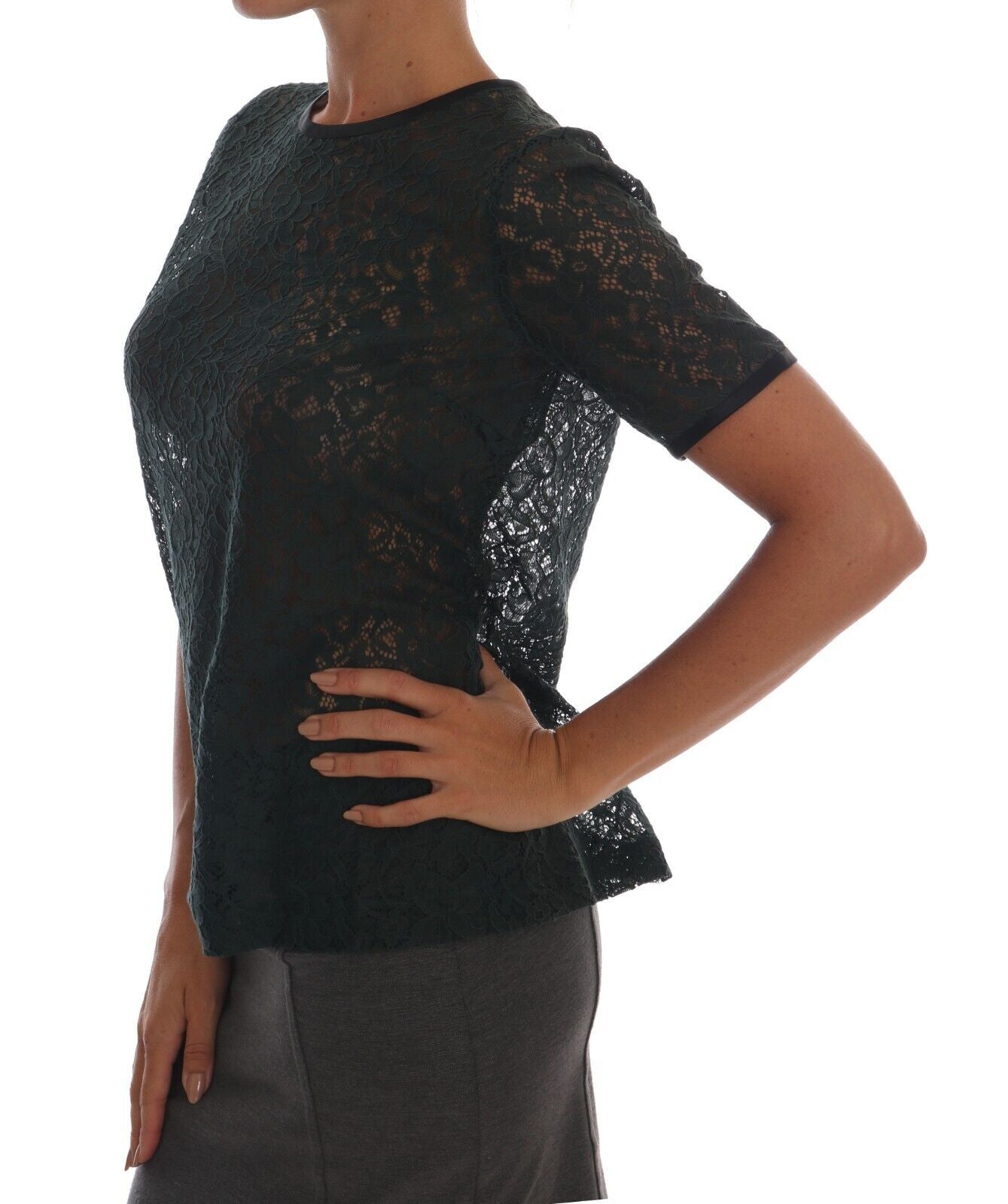 Dark Green Cotton Floral Lace Round Neck Blouse Top