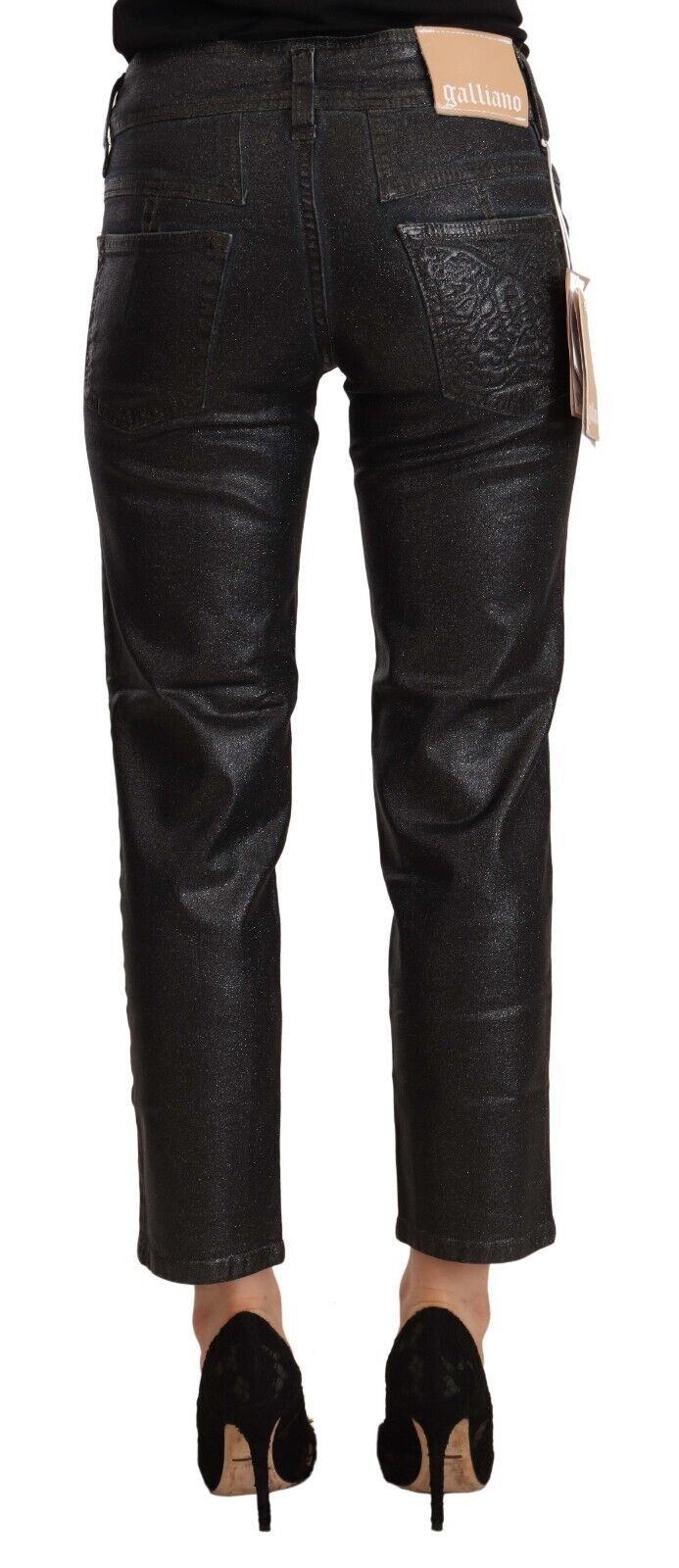 Black Glittered Mid Waist Cotton Cropped Pants