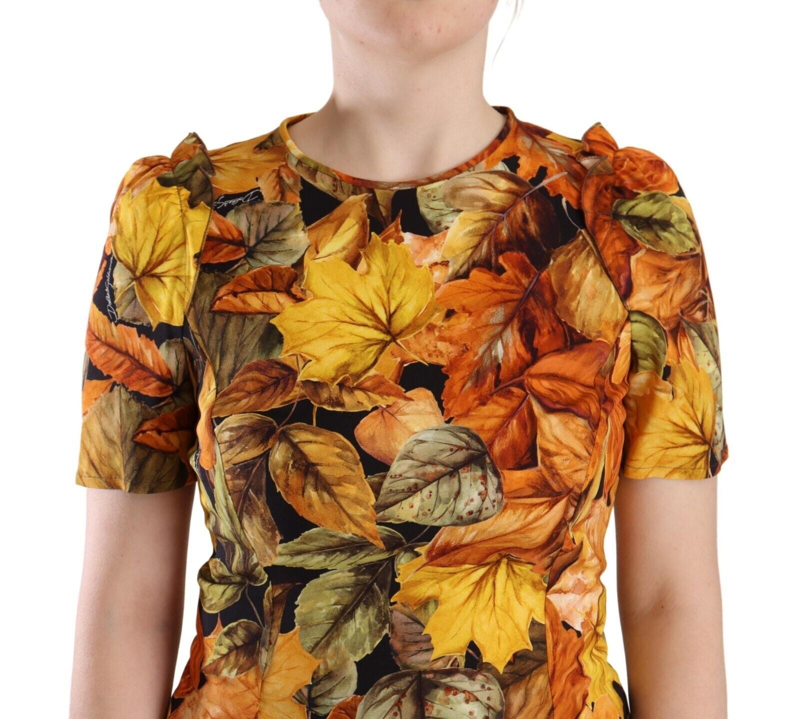 Multicolor Leaves Print Viscose Round Neck Blouse Top