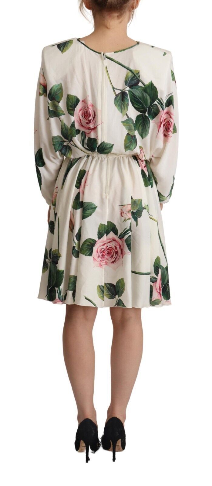 White Rose Print Long Sleeves A-line Dress