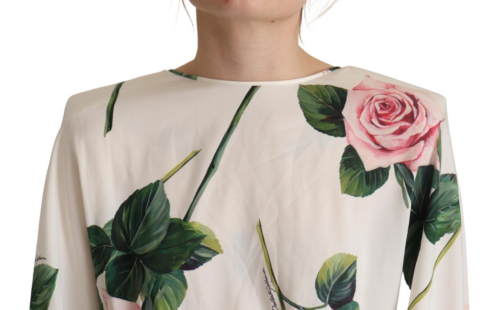 White Rose Print Long Sleeves A-line Dress