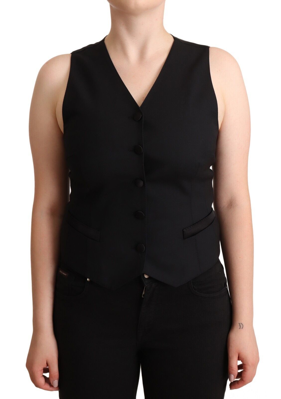 Black Button Down Sleeveless Viscose Vest Top