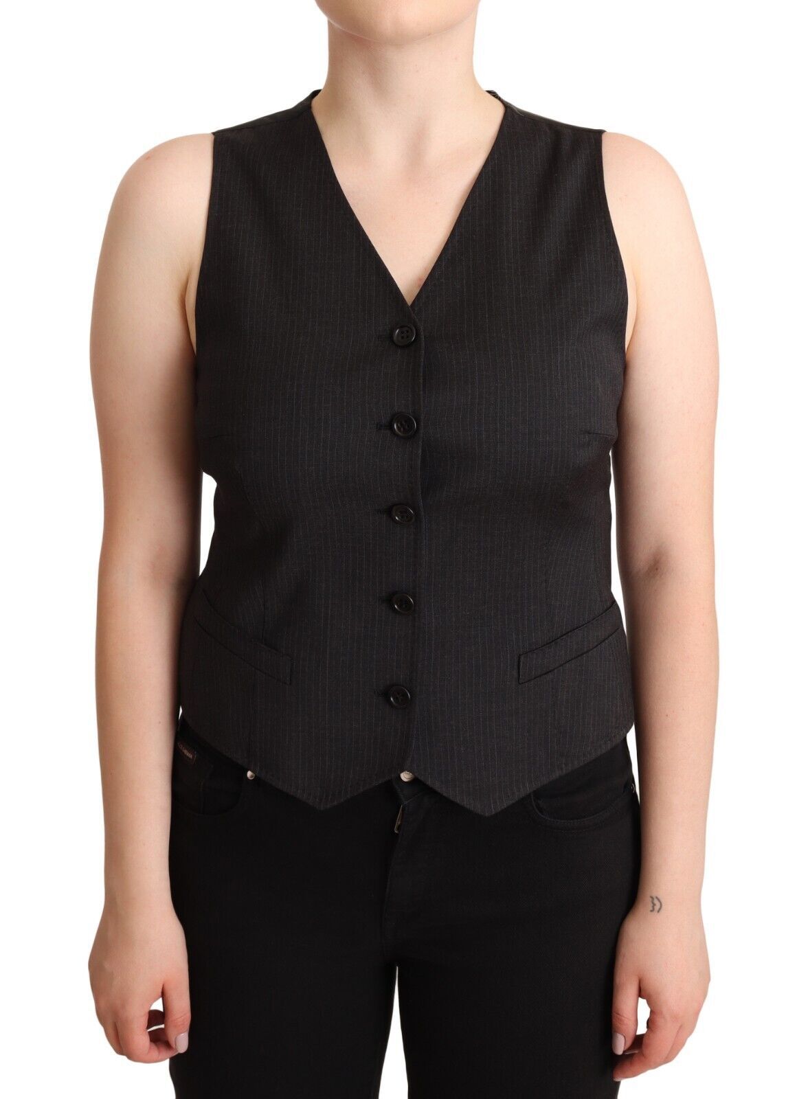 Black Button Down Sleeveless Vest  Viscose Top