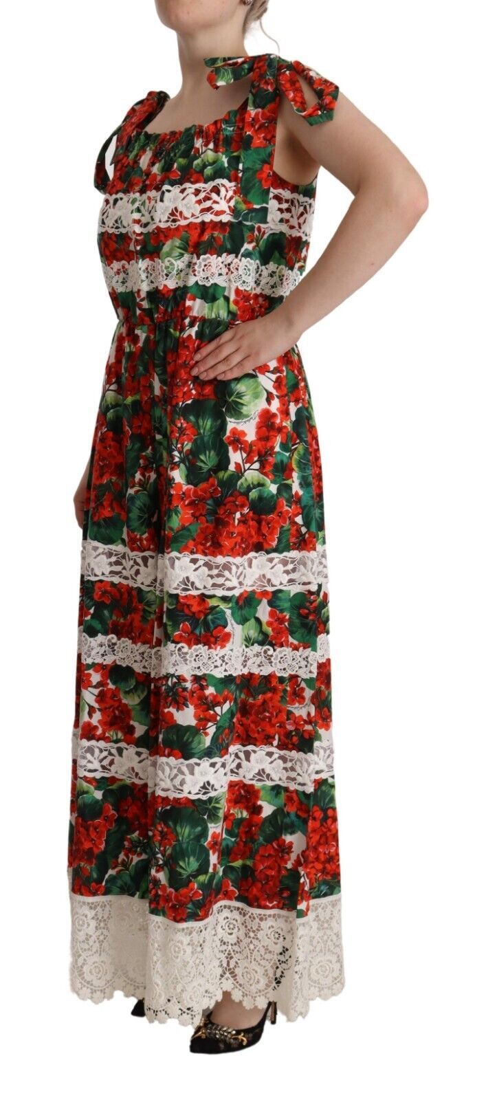 Multicolor Geranium Print Lace Long Maxi Dress