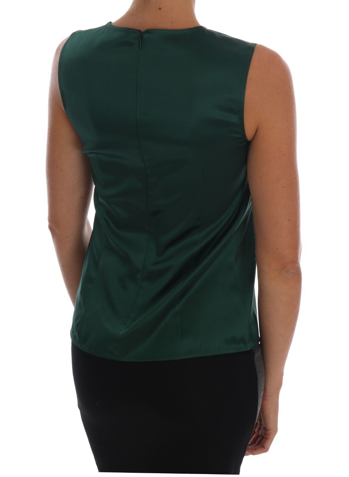 Dark Green Silk Sleeveless Round Neck Tank Top