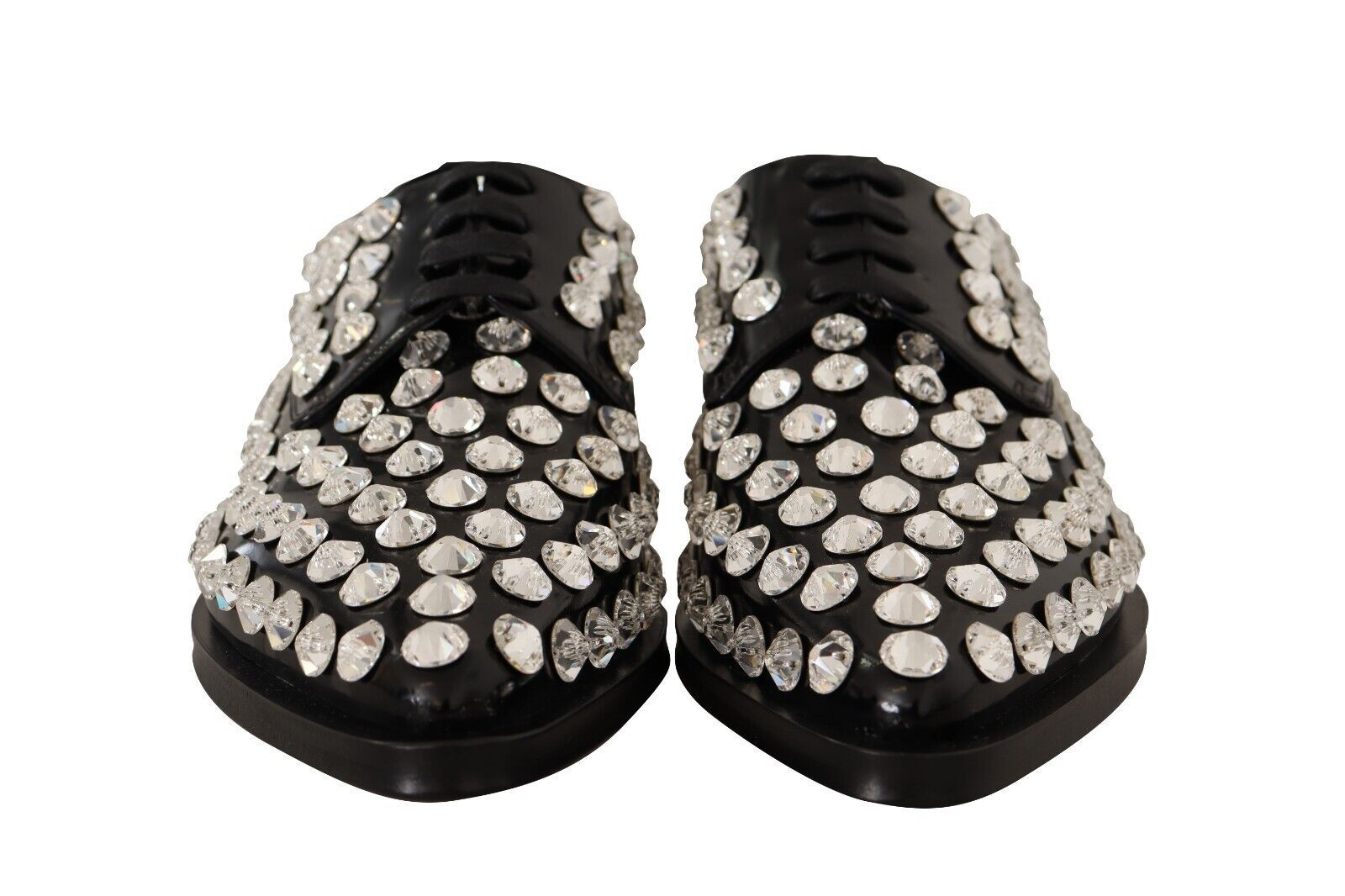 Black Leather Crystals Lace Up Formal Shoes