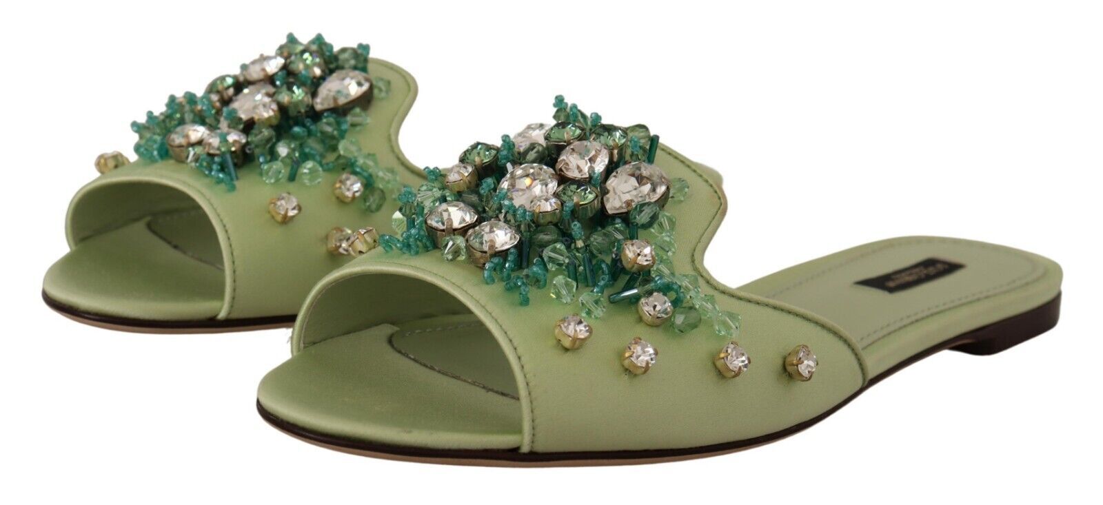 Green Leather Crystals Slides Women Flats Shoes