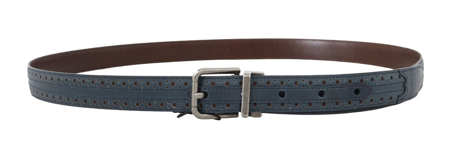 Dolce & Gabbana Blue Perforated Leather Gray Buckle Belt